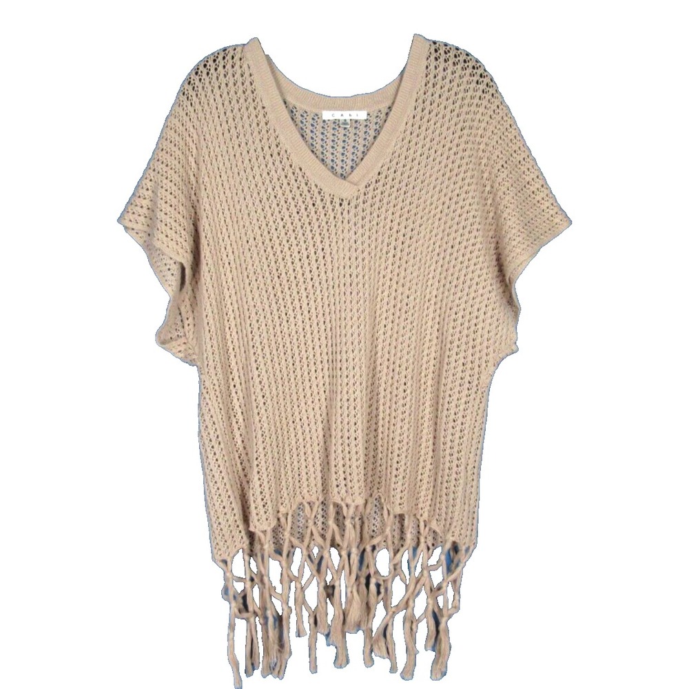 CABI #292 Pullover Fling Fringe CROCHET SWEATER Beige V-NECK Short Sleeve Sz S